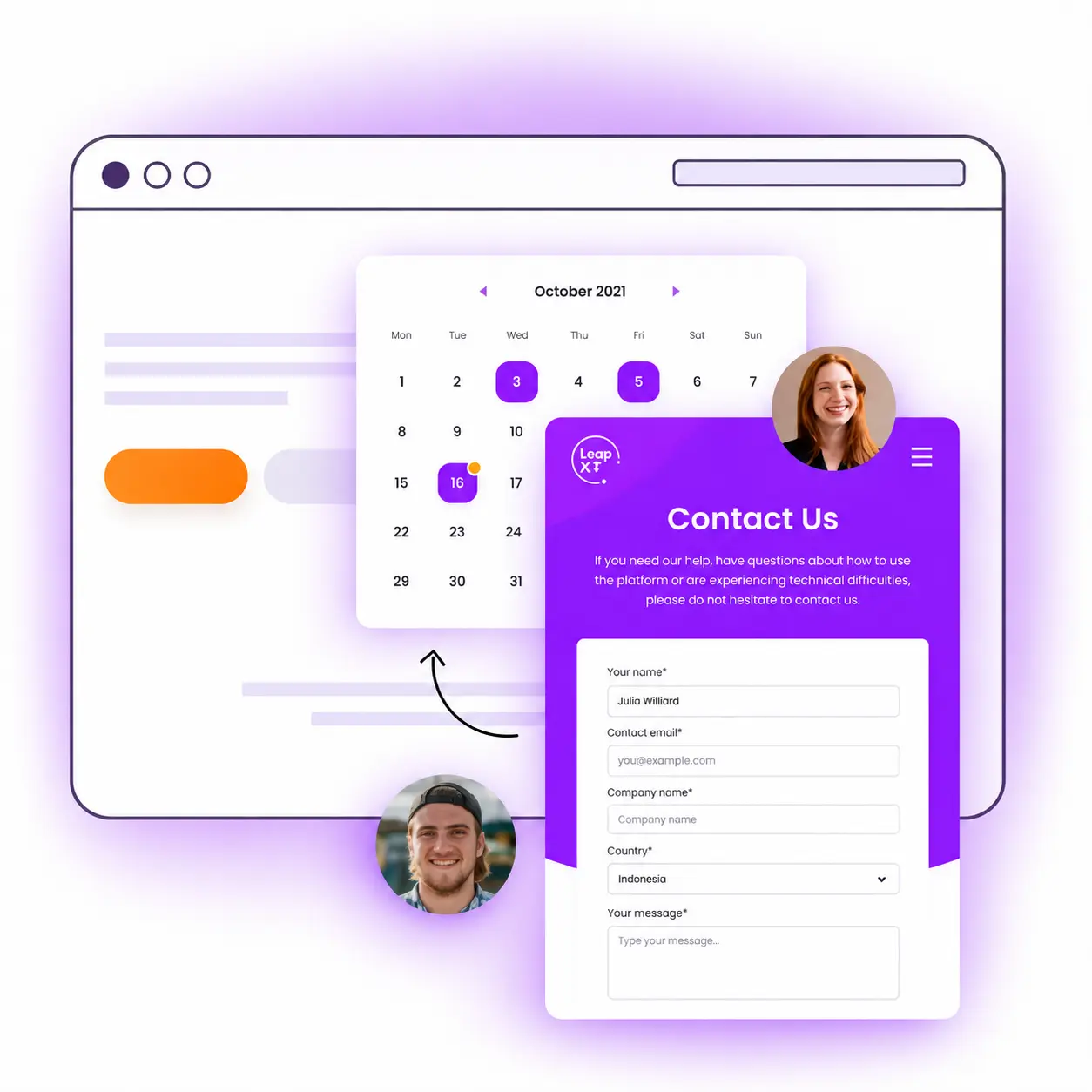 Illustration of an online appointment calendar and customer contact form.