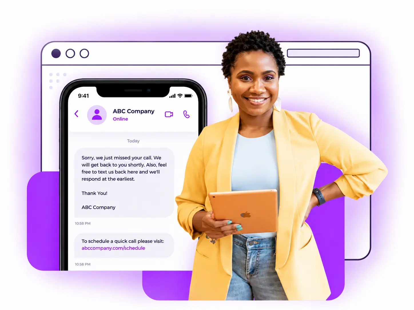 Alt text: “Woman holding a tablet beside a smartphone showing a missed-call text response and appointment scheduling link.