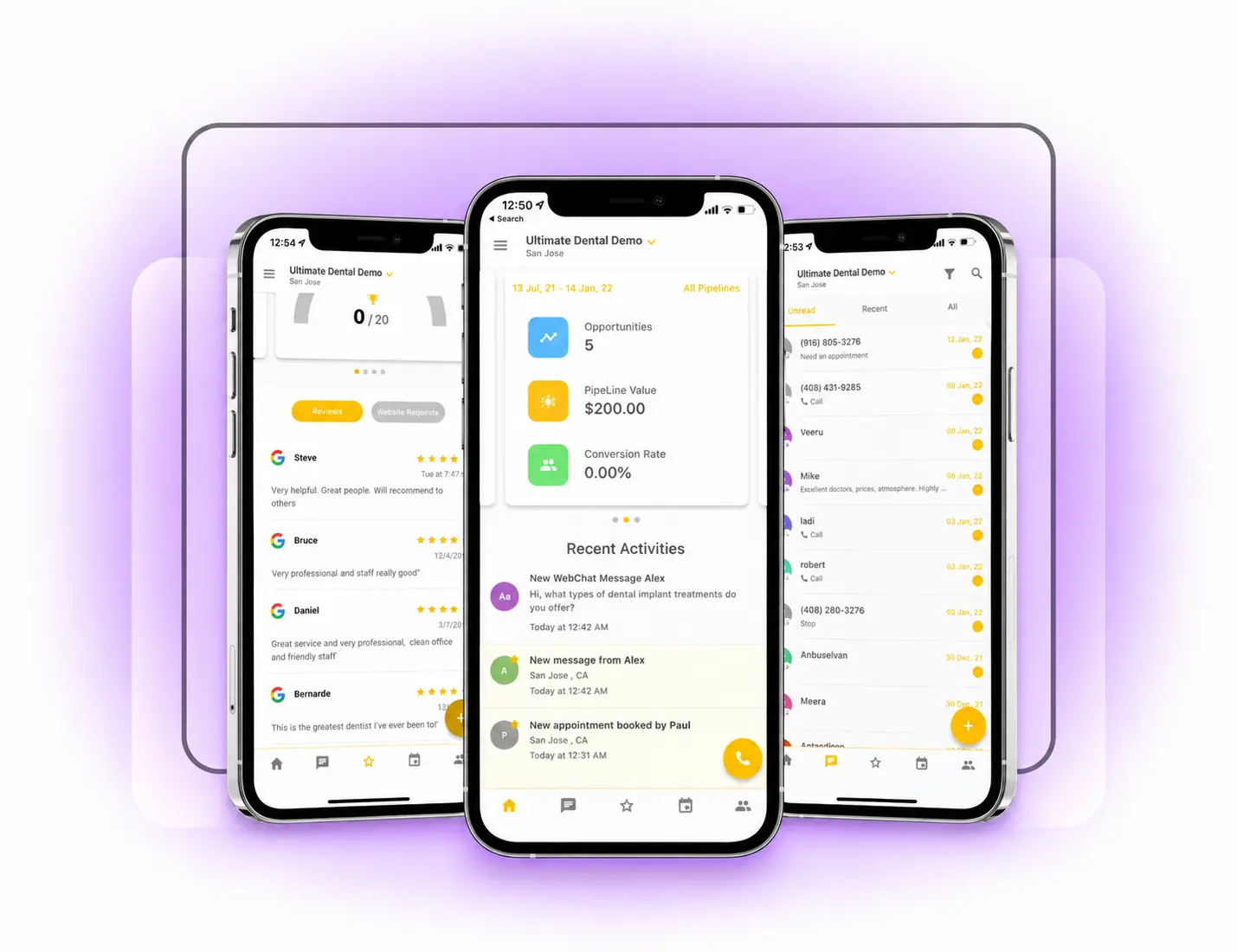 Three smartphone screens showing a mobile CRM dashboard, customer reviews, and contact conversations.