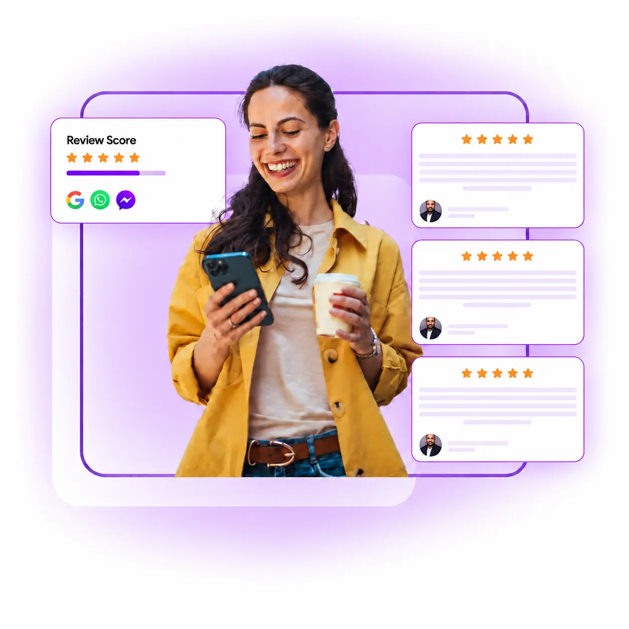 Woman viewing her smartphone beside customer review cards and a five-star review score graphic