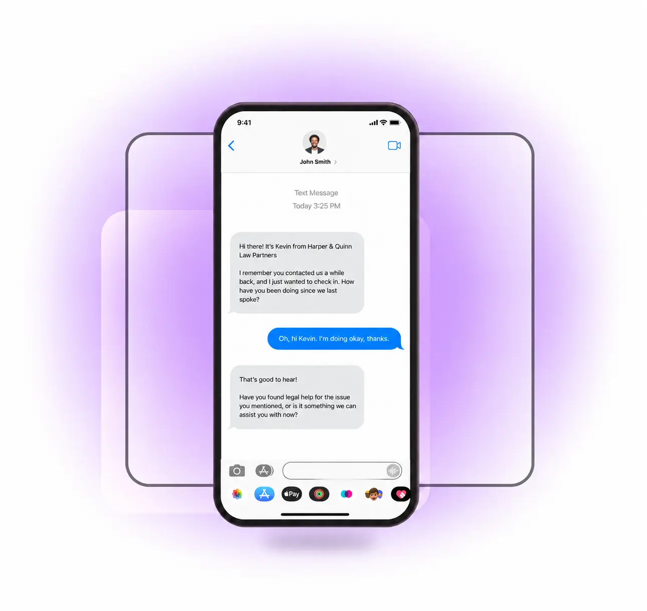 Smartphone displaying a follow-up text conversation between a law firm and a prospective client.