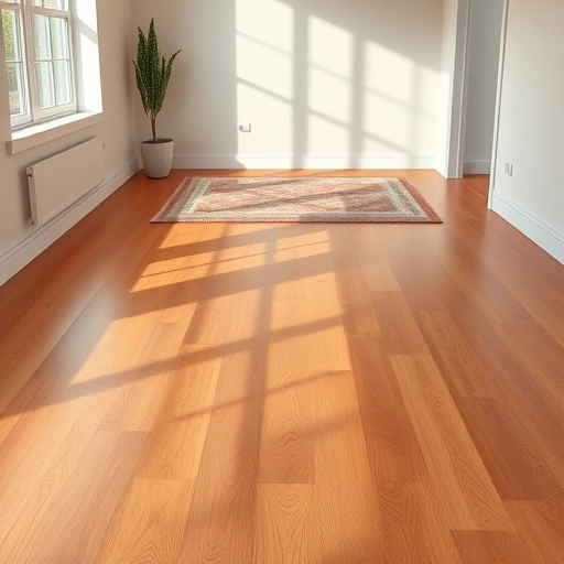 Elegant hardwood flooring installation in a modern room with warm tones, polished finish, and stylish decor.