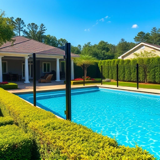 Pool fence installation in Cohutta GA features sleek metal and glass design around a shimmering swimming pool.