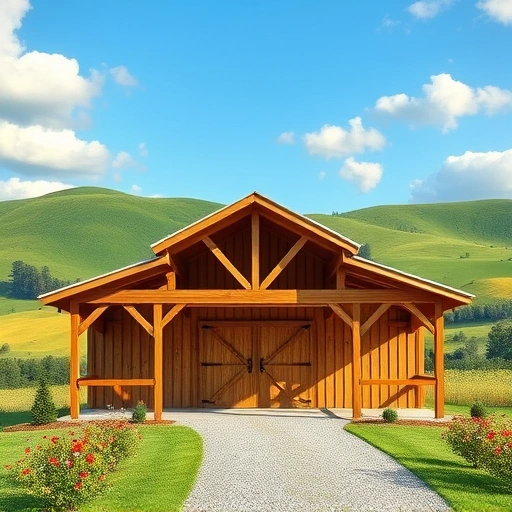 Completed pole barn construction in Cohutta GA with wooden beams, metal roofing, and scenic rolling hills.