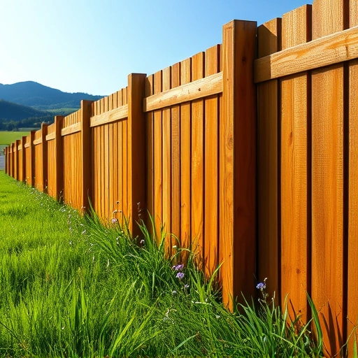 Completed wooden fence installation in Cartersville GA, surrounded by green grass and wildflowers under blue sky.