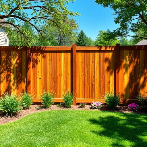 Completed wooden fence installation in Canton GA, showcasing rich brown hues and lush green yard with vibrant flowers.