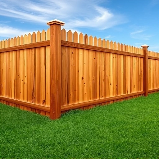 Completed wooden fence installation in Dalton GA with warm tones, lush lawn, and clear blue sky backdrop.