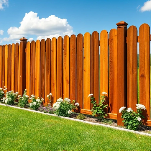 Beautiful wooden fence installation in Cohutta GA surrounded by lush grass and blooming pastel flowers under a clear sky.