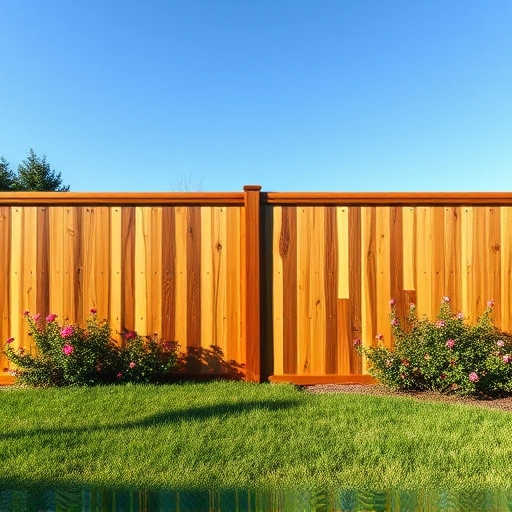 Beautiful wooden privacy fence in White GA blends with lush greenery and blue sky, highlighting craftsmanship and design.