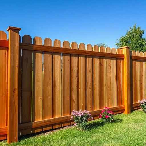Completed wooden fence installation in Leesburg AL surrounded by green grass and vibrant flowers under clear blue sky