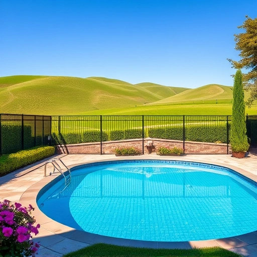Completed pool fence installation in Cohutta GA, showcasing a modern design around a sparkling blue pool and lush landscaping.