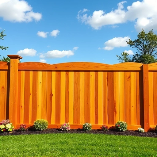 Beautiful wooden privacy fence in Cohutta GA, surrounded by green grass and colorful flowers under a blue sky.