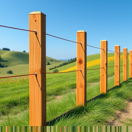 Completed wooden fence posts in Cohutta GA, surrounded by mowed grass and wildflowers under a blue sky.