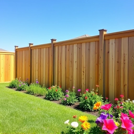 Wooden fence installation in Ball Ground GA, surrounded by colorful flowers and a manicured lawn under a blue sky.