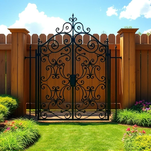 Newly installed wrought iron gate in Cohutta GA, detailed design, surrounded by a wooden fence and landscaped garden.