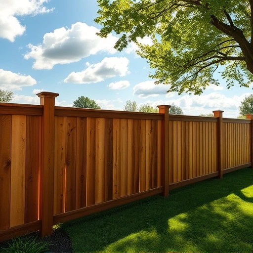 Beautiful wooden fence installation in Scottsboro AL surrounded by lush lawn and serene blue sky with clouds.