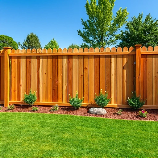 Completed wooden fence in Trenton GA with intricate details, vibrant lawn, flower beds, and clear blue sky.