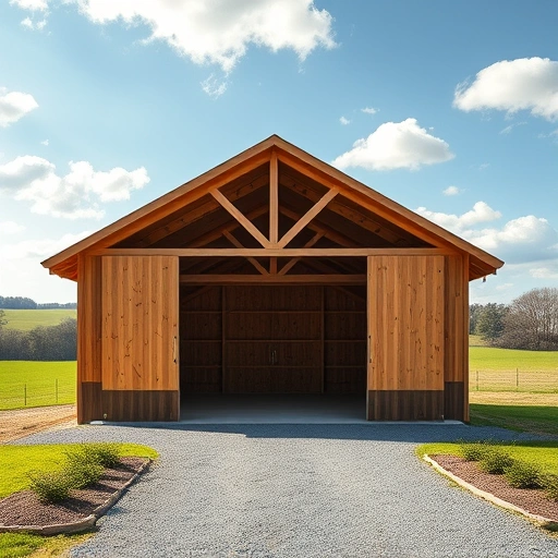 Pole barn construction in Cohutta GA featuring wooden frame, metal roof, and scenic rural landscape with greenery.