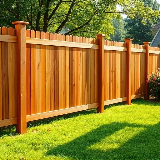 Meticulously crafted wooden fence in Scottsboro AL with polished planks and lush green lawn and shrubs.
