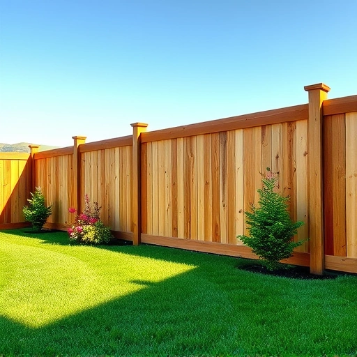 Fencing installation in Canton GA featuring a sturdy wooden fence in a vibrant green yard with flowering shrubs.