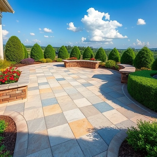 Completed patio in Cohutta GA with stone tiles, vibrant landscaping, and a serene sunny sky creates a tranquil atmosphere.
