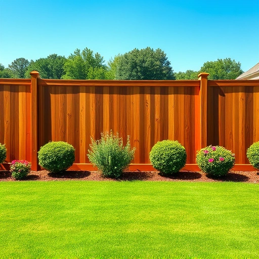 Completed wooden privacy fence in Adairsville GA with polished slats and decorative post caps against a lush lawn.