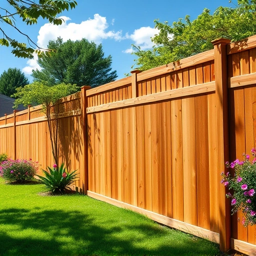 Beautifully crafted wooden fence in Chatsworth GA surrounded by lush grass and vibrant flowering shrubs under a clear blue sky.