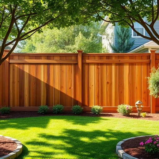 Beautiful wooden fence in Summerville GA, set in a lush backyard with flowers and trees, showcasing quality craftsmanship.