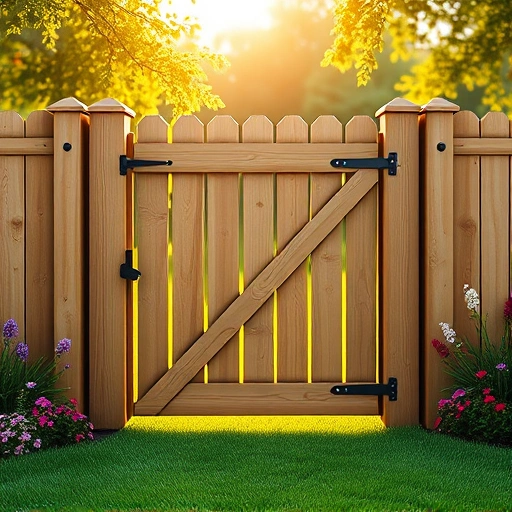 Wooden fence in Rock Spring GA with polished slats and sturdy gate amidst lush grass and vibrant flowers.
