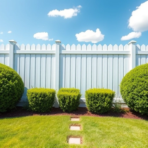 Vinyl fence installation in Cohutta GA with white panels, manicured lawn, blue sky, and decorative stones.