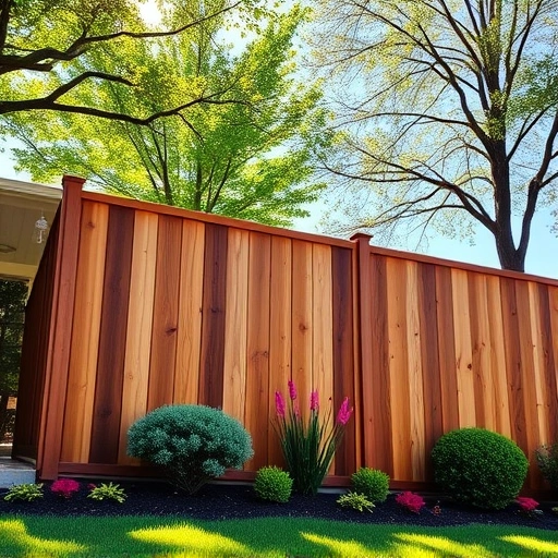 Completed wooden fence installation in Fairmount GA, blending with lush greenery and vibrant landscaping elements.