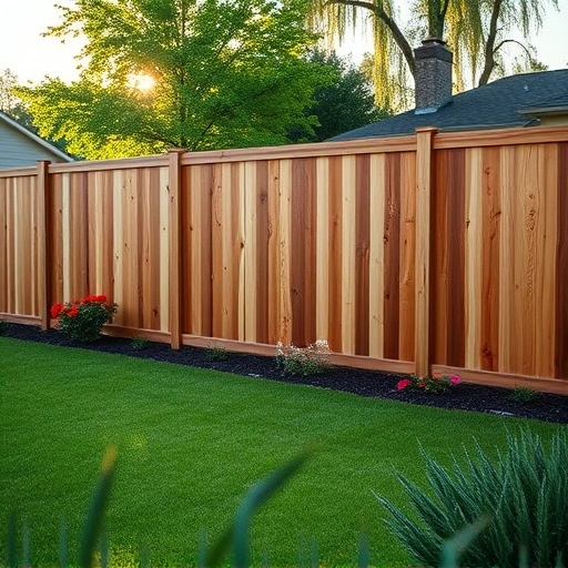 Wooden privacy fence in Collinsville AL, showcasing craftsmanship in a serene residential yard with blooming flowers.