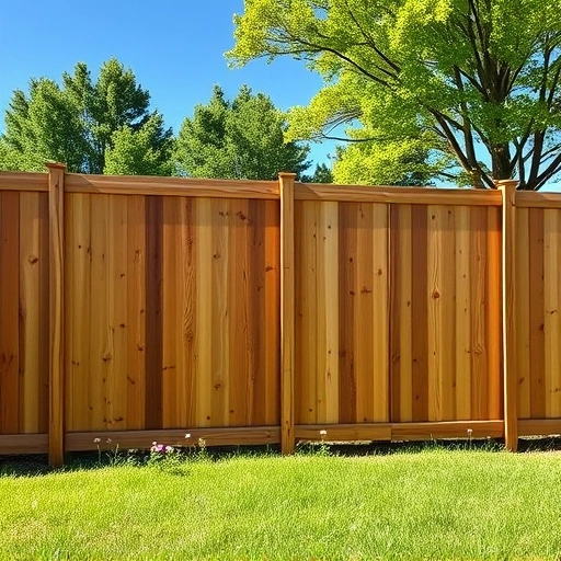 Wooden privacy fence installation in Resaca GA, blending with greenery under a clear blue sky, showcasing craftsmanship.