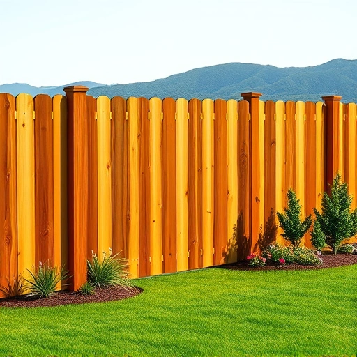 Completed wooden fence installation in Chattanooga TN with a lush green lawn and colorful flower beds.