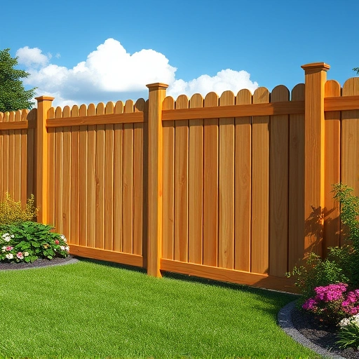 Beautiful wooden fence installation in Chattanooga, TN, surrounded by lush lawn and vibrant flowers under a clear blue sky.