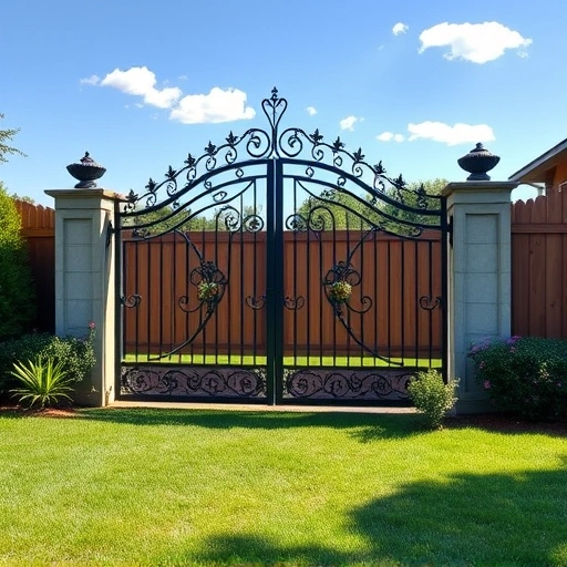 Wrought iron gate installation in Cohutta GA surrounded by vibrant landscaping and a charming wooden fence.