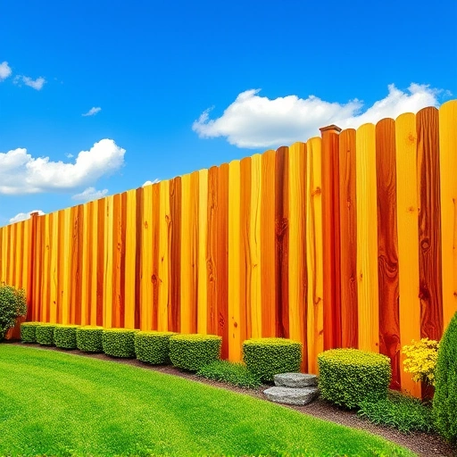 Wooden fence in Leesburg AL with rich tones, lush lawn, flowers, and clear blue sky, showcasing quality craftsmanship.