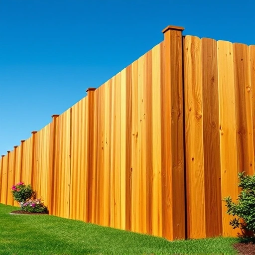 Beautiful wooden fence installation in Jacksonville AL, showcasing rich grain, lush lawn, and vibrant garden backdrop.