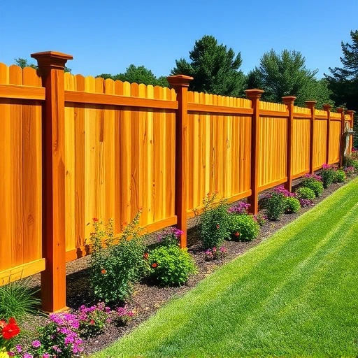 Beautiful wooden fence installation in Jacksonville AL, blending with lush landscape and vibrant flowering shrubs.