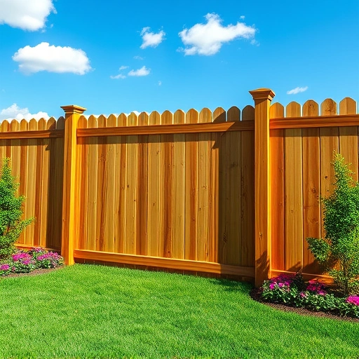 Completed wooden fence in Rock Spring GA, showcasing craftsmanship in a vibrant yard with flowers and blue sky.