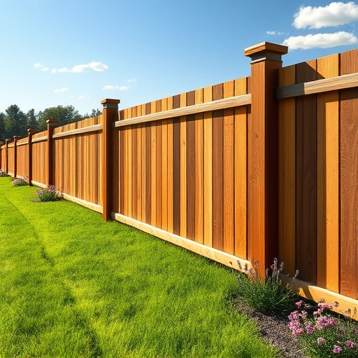 Completed wooden and metal fence in Piedmont AL, surrounded by green grass and wildflowers under a blue sky.