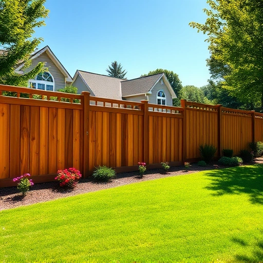 Completed wooden fence installation in Chickamauga GA surrounded by green grass and vibrant flower beds.