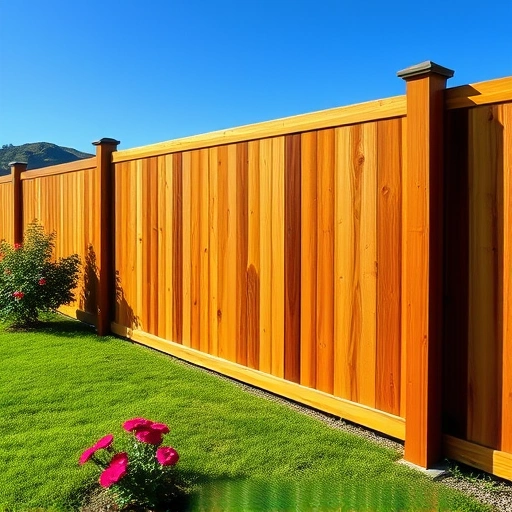 Wooden fence installation in Trenton GA with natural finish, surrounded by lush lawn and vibrant flowers under a blue sky.