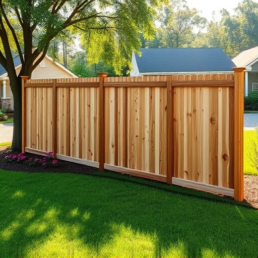 Beautiful wooden fence in Rome GA, showcasing intricate wood grain, vibrant flower beds, and serene suburban landscape.