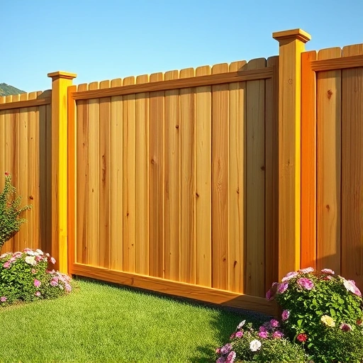 Completed wooden fence installation in Fort Payne AL surrounded by green lawn and flowers under a clear blue sky.