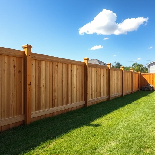 Completed wooden fence installation in Leesburg AL, showcasing natural wood in a lush green backyard under a blue sky.