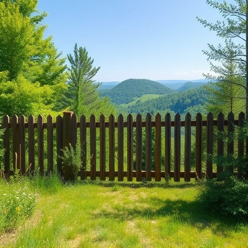 Serene landscape in Cohutta GA featuring a weathered wooden fence surrounded by lush greenery and rolling hills.