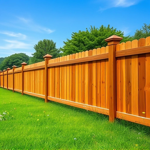 Completed wooden fence in Centre AL borders lush green lawn with wildflowers under a clear blue sky.