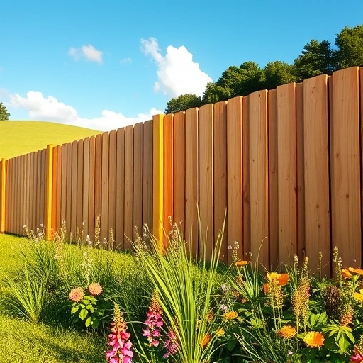 Wooden fence installation in Cedartown GA blends with lush grass and wildflowers under a clear blue sky.