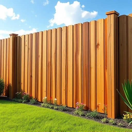 Beautiful wooden fence in White GA with natural finish, lush yard, flowers, and clear blue sky creating tranquility.